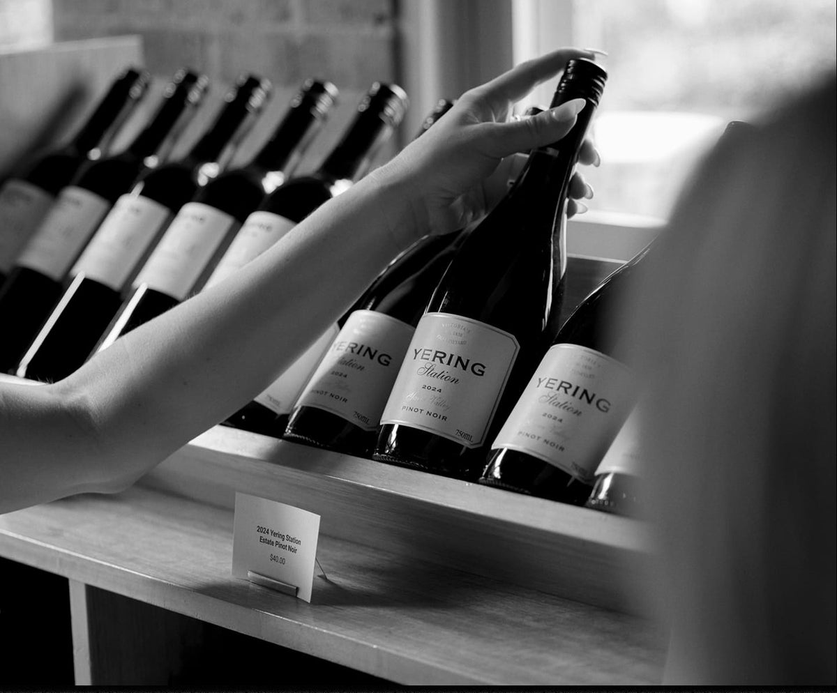 Black and white photo of a hand selecting a Yering Station Pinot Noir bottle from a shelf display