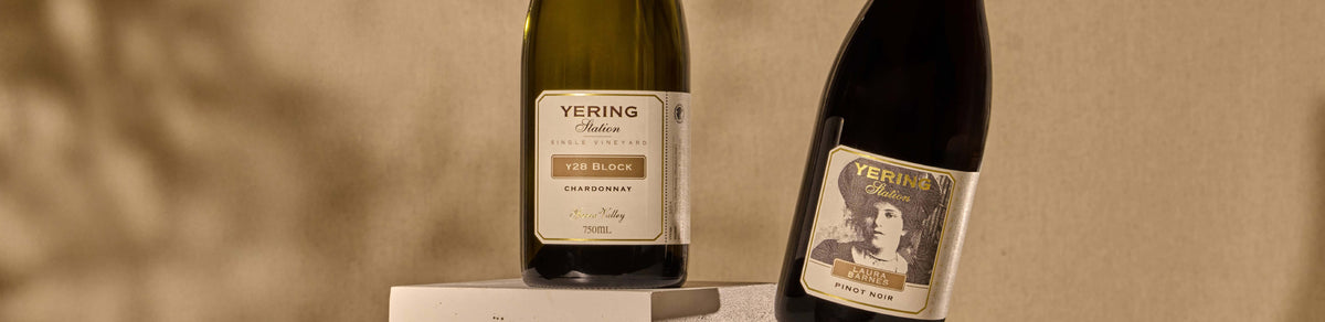 Yering Station Y2B Block Chardonnay and Laura Barnes Pinot Noir bottles, shop header banner