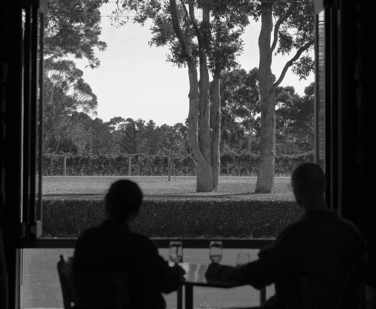 Black and white photo of two people sitting at a table by a window overlooking the vineyard